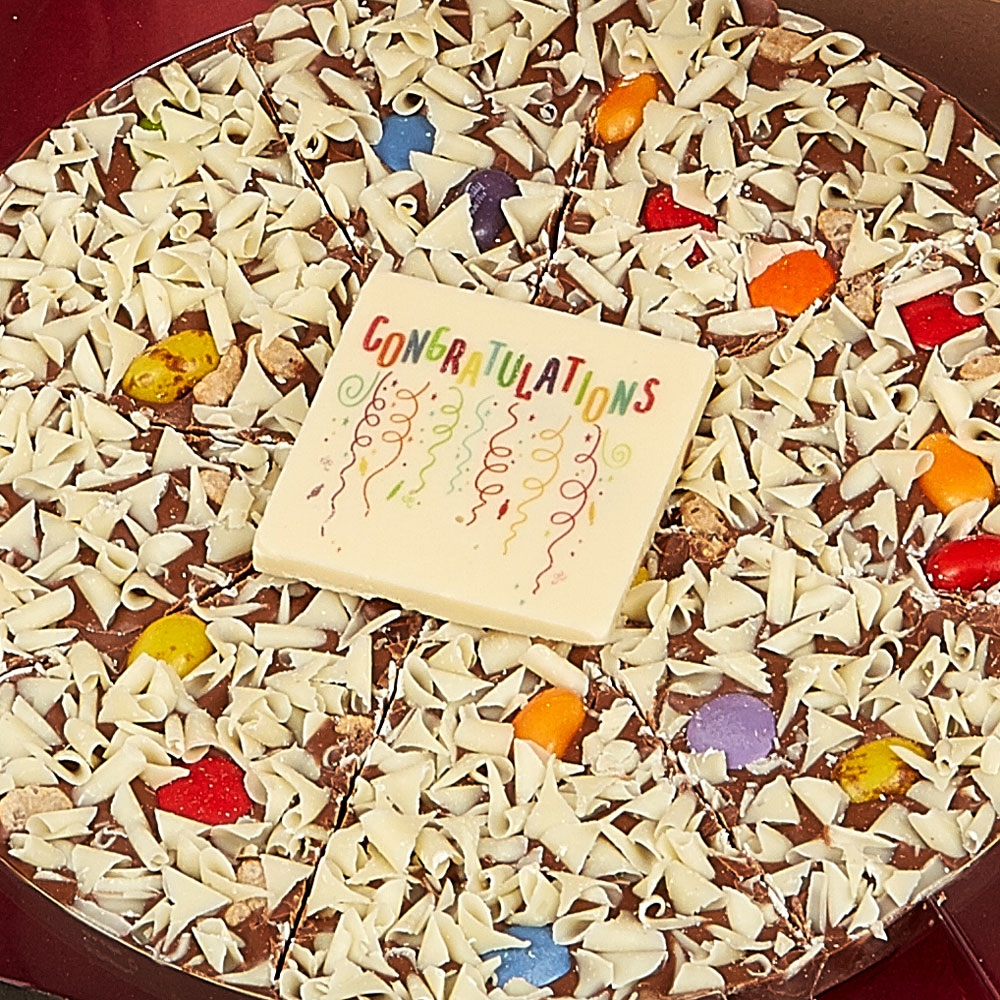 Celebrate your special occasion with our Congratulations Chocolate Pizza.